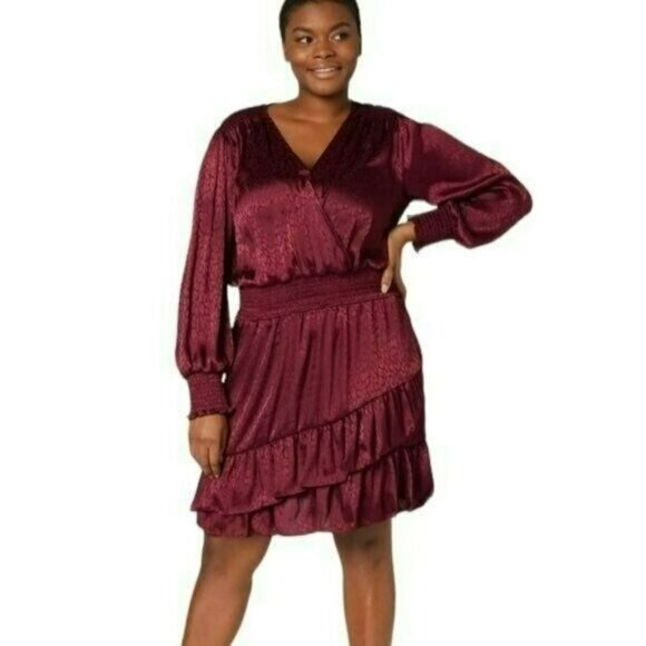 Michael Kors Size 1X Dress $165 Smocked Burgundy Cheetah Animal Print Ruffle NWT - Picture 1 of 8